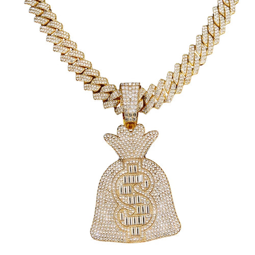 Dollar Money Bag Pendant for Men Iced Out Dollar Sign Cuban Necklace, Hip Hop Dollar Bag Cuban Chain Necklace Gold CZ Money Bag Cuban Necklace Men’S Rapper Dollar Money Bag Jewelry
