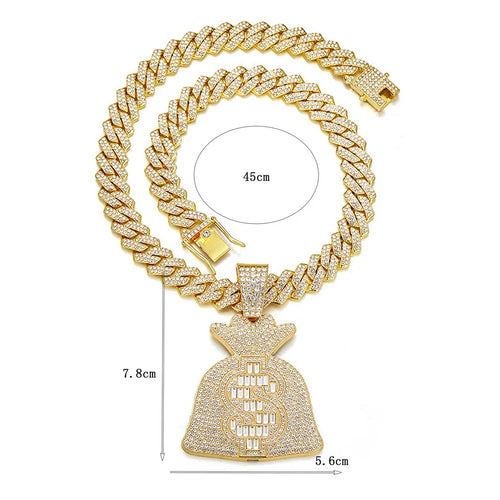 Dollar Money Bag Pendant for Men Iced Out Dollar Sign Cuban Necklace, Hip Hop Dollar Bag Cuban Chain Necklace Gold CZ Money Bag Cuban Necklace Men’S Rapper Dollar Money Bag Jewelry